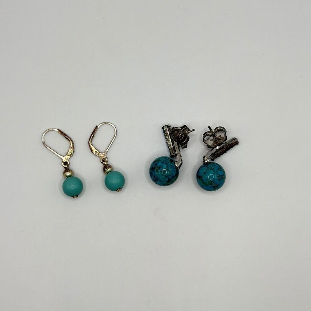 2 Pairs 925 Sterling Silver Turquoise Earrings Vintage Southwest Style
